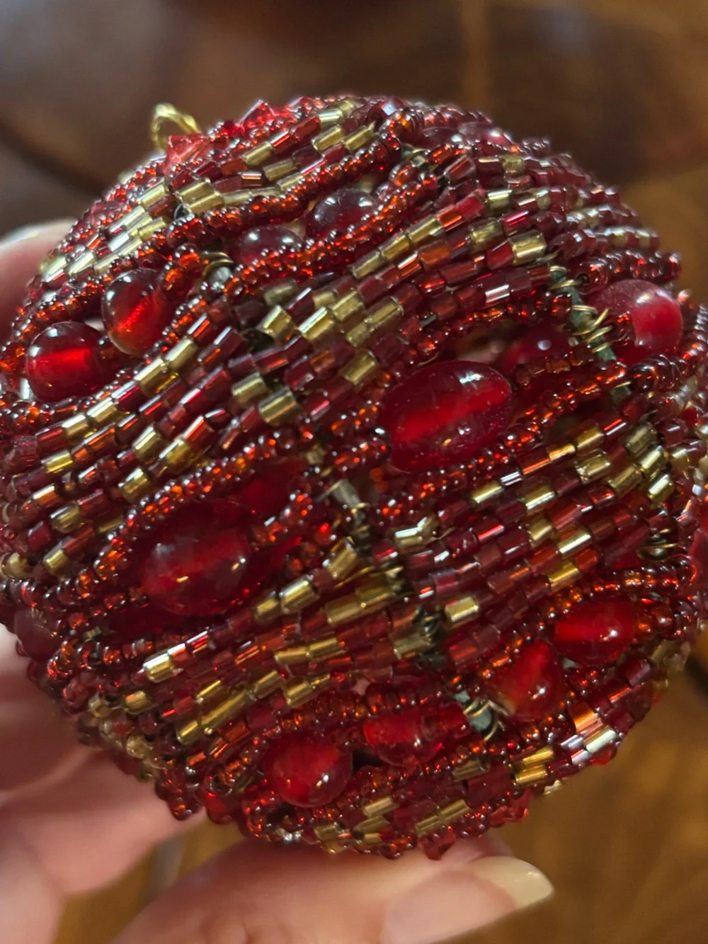 Handmade Beaded Christmas Ornament Red & Gold Glass Beads with Vintage Hook